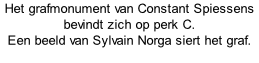 Het grafmonument van Constant Spiessens bevindt zich op perk C.  Een beeld van Sylvain Norga siert het graf.