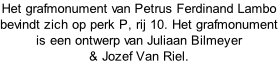 Het grafmonument van Petrus Ferdinand Lambo bevindt zich op perk P, rij 10. Het grafmonument is een ontwerp van Juliaan Bilmeyer  & Jozef Van Riel.