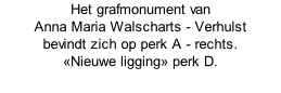 Het grafmonument van  Anna Maria Walscharts - Verhulst  bevindt zich op perk A - rechts.  «Nieuwe ligging» perk D.