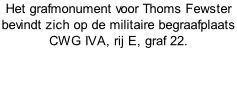 Het grafmonument voor Thoms Fewster bevindt zich op de militaire begraafplaats CWG IVA, rij E, graf 22.